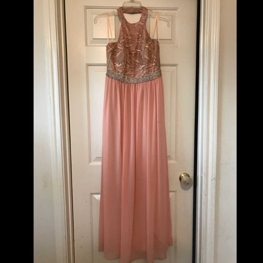 Pink/gold halter backless prom dress